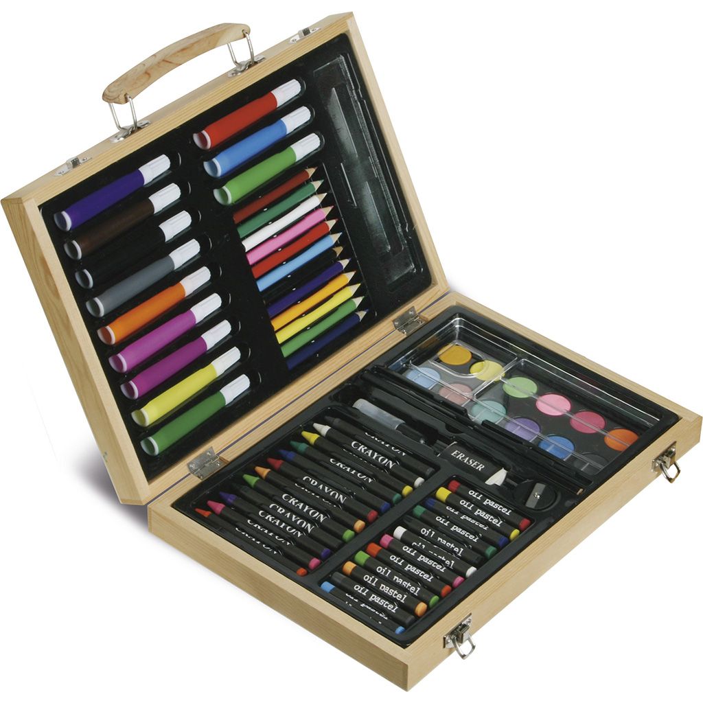 valigetta in legno da disegno 67 pezzi matite pennarelli pastelli acquerelli